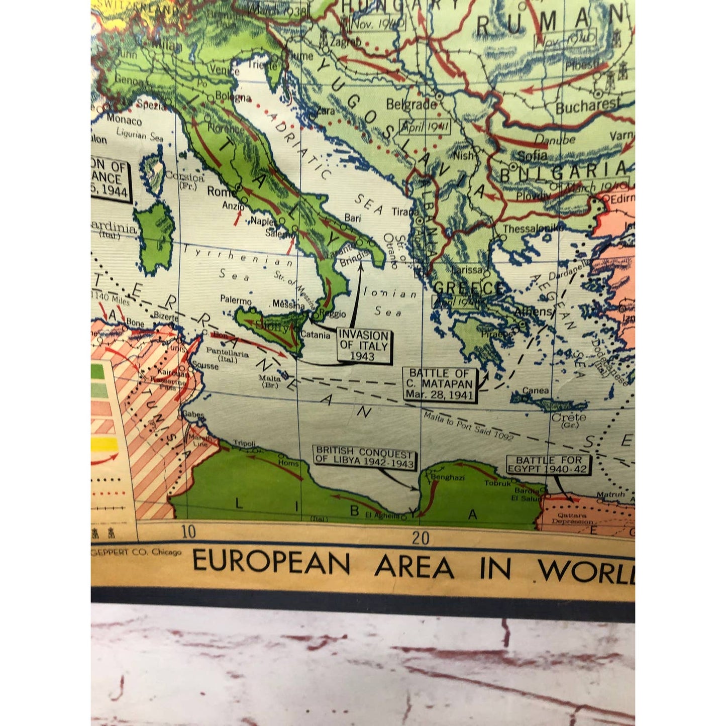 LARGE 1956 Denoyer-Geppert Co Wall Map European Area in World War II 1939 - 1945