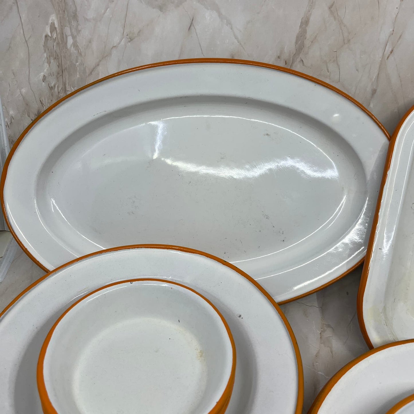 Vintage Enamelware 6 Place Setting Full Set White Orange Trim Bowls Plates Cups