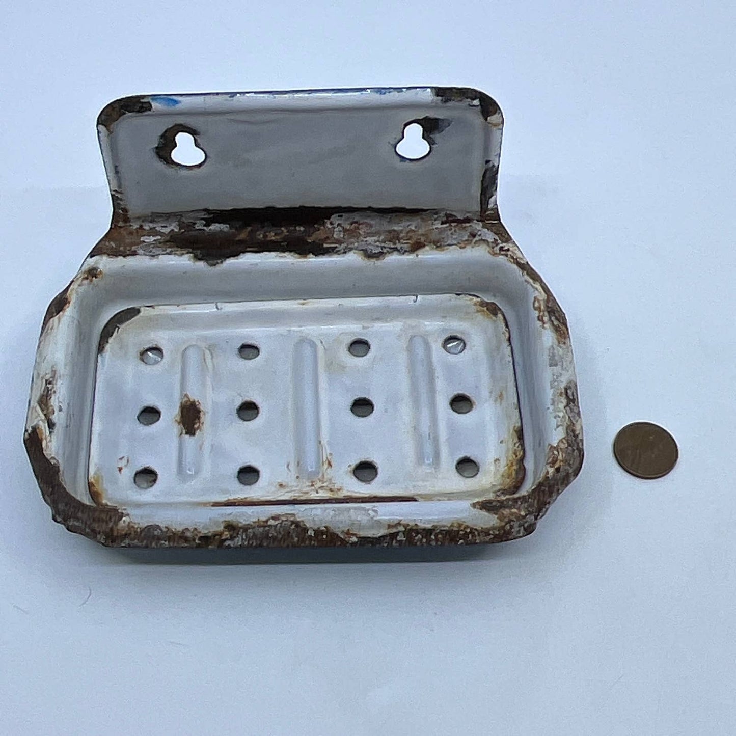 Antique Speckled Graniteware Wall Mount Soap Dish Blue Bath Kitchen TH6