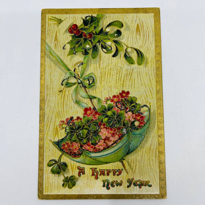 1910s Christmas New Year’s Post Card Embossed Dresden Gilt Clover Mica Holly PA3