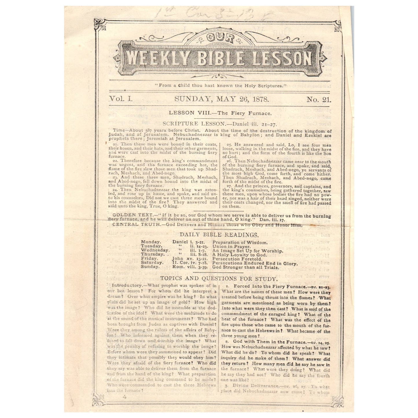 Original 1878 Weekly Bible Lesson Leaf W.J. Shuey Dayton OH Daniel iii 21-27 AD8