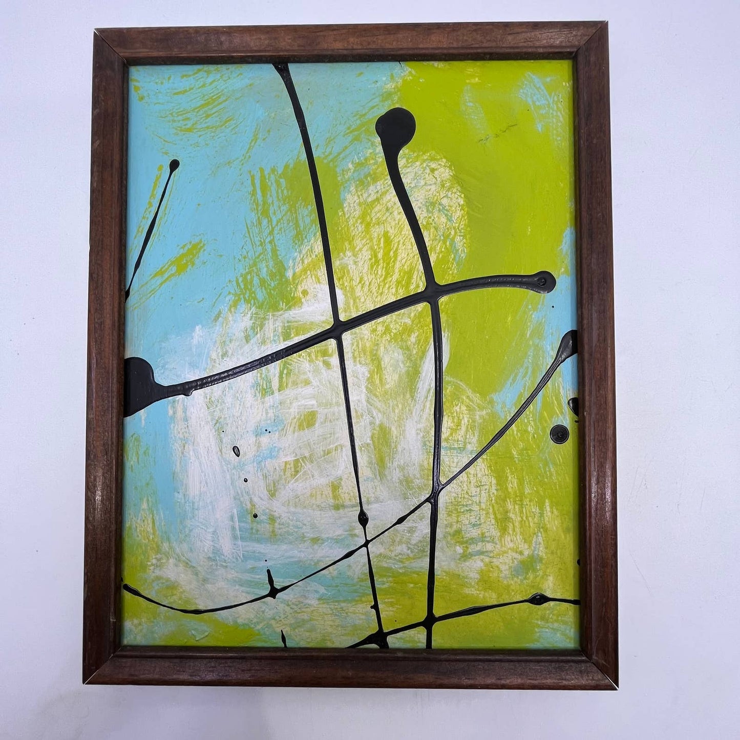 Framed Original Abstract Art Painting "Lime Breeze" Acrylic on Glass 9x12 TI5