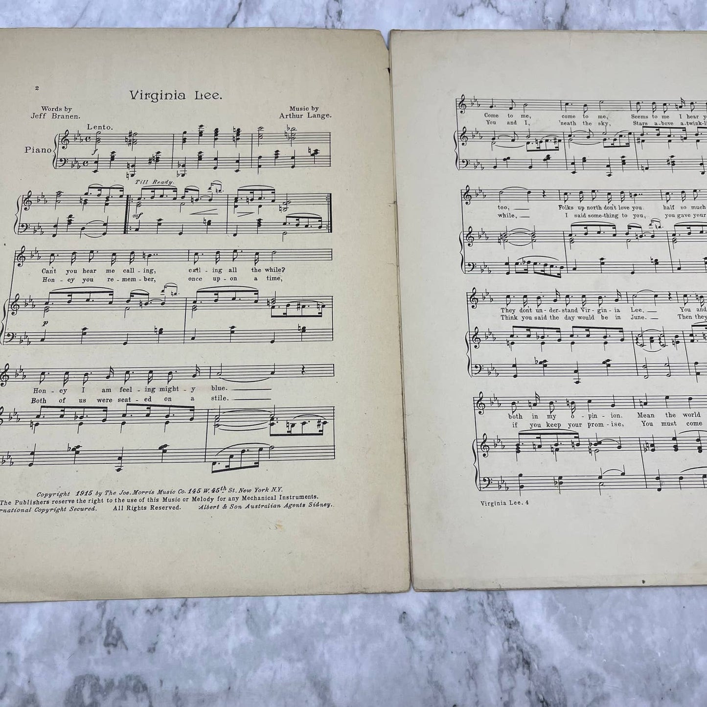 1915 Virginia Lee Collectible Sheet Music Branen & Lange TH1