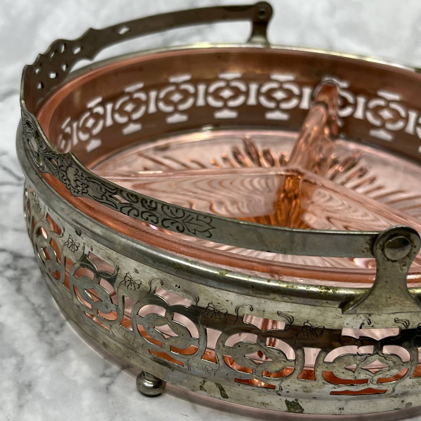 Vintage Pink Depression Glass Dish 3 Part Divided Starburst Silver Caddy 7” TB6