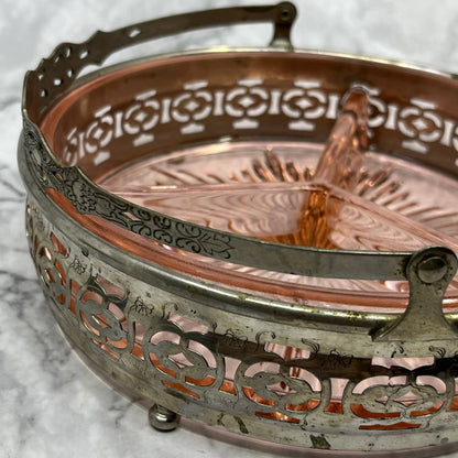 Vintage Pink Depression Glass Dish 3 Part Divided Starburst Silver Caddy 7” TB6