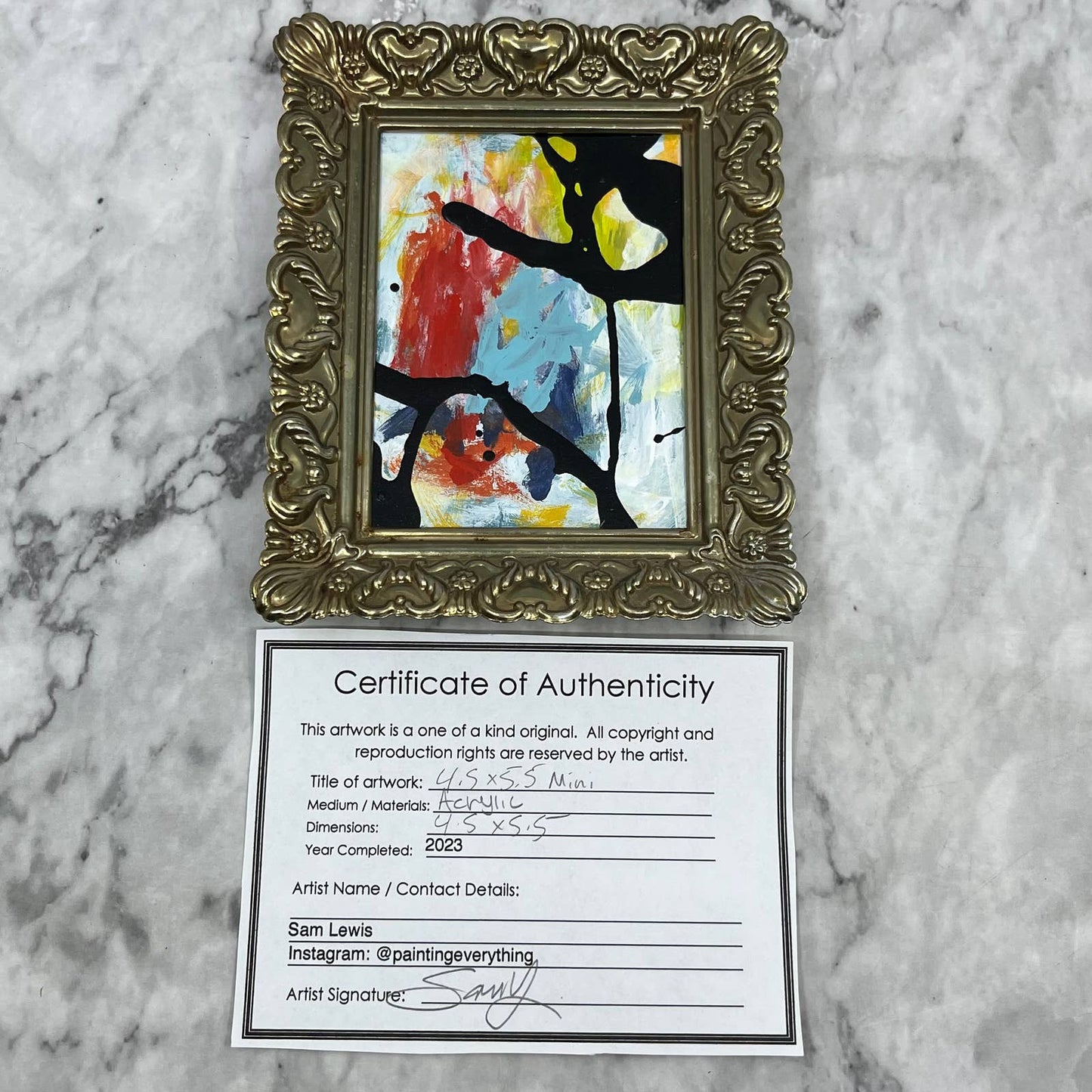 Original Framed Abstract Art Painting 4x5" Mini in Vintage Brass Frame w COA TJ4