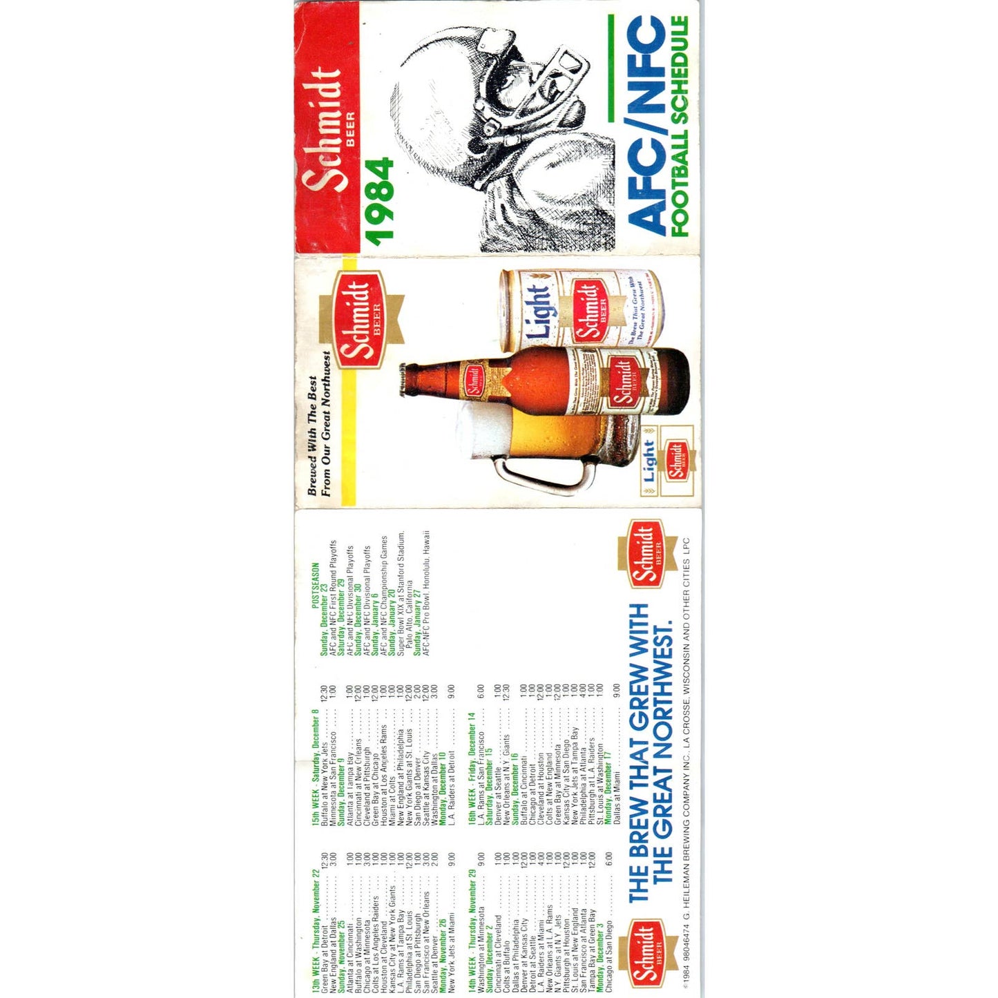 1984 AFC-NFC NFL Football Pocket Schedule Schmidt TK1-P3