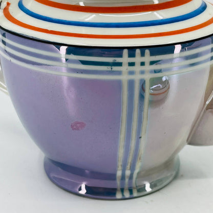 Vintage RARE Japanese Iridescent Opal Lustre Ware Blue Stripe Teapot 6x9 TC2