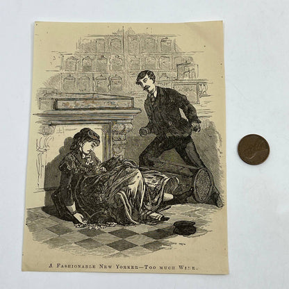 1880s Original Art Print Engraving Drunk Victorian Lady New York ~4x5" AC9