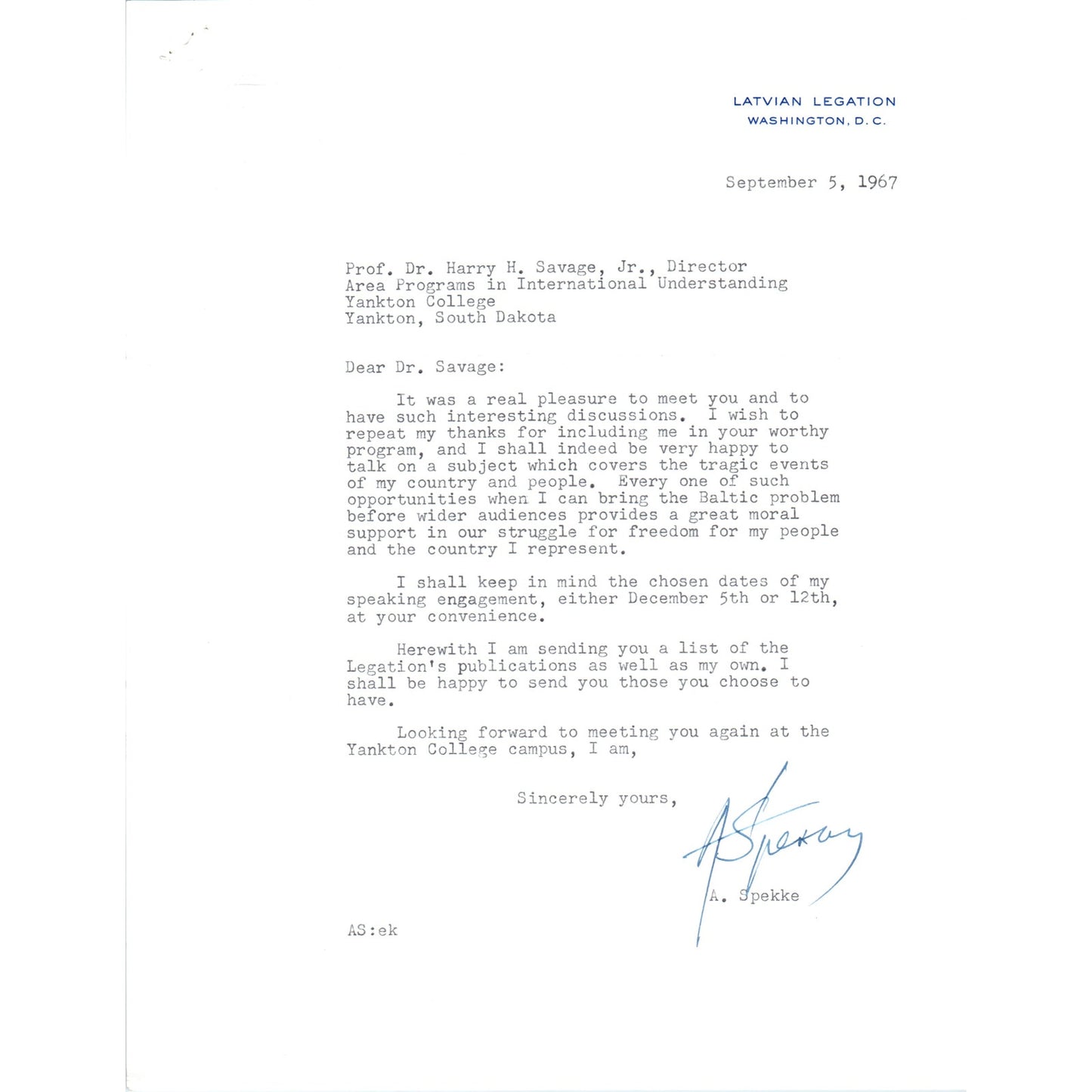 Latvian Legation A. Spekke Letterhead Memo Sep. 1967 B10