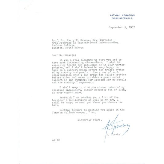 Latvian Legation A. Spekke Letterhead Memo Sep. 1967 B10