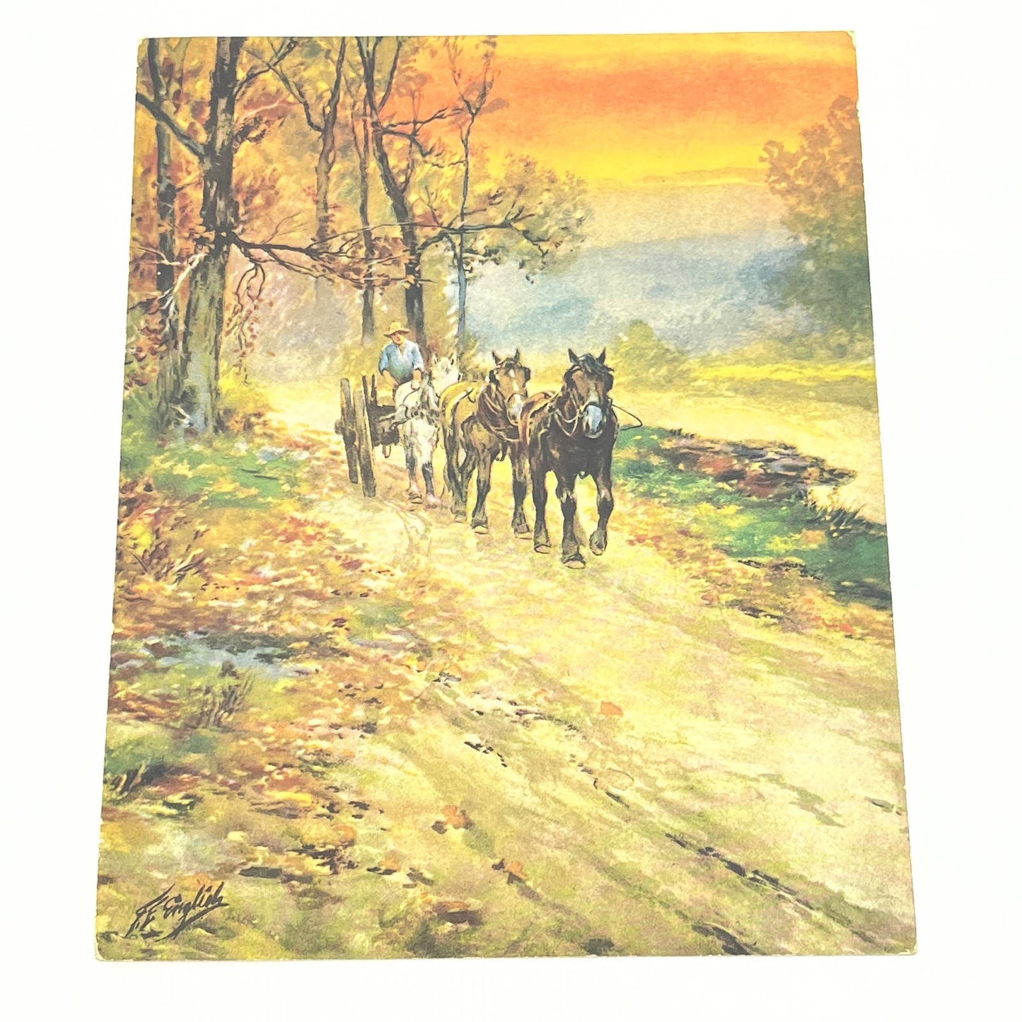Vintage F.F. English Horse & Carriage Country Lithograph Print 6 1/2 x 8 1/4 AB7