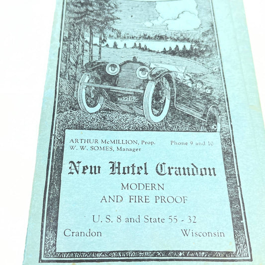 1930 New Hotel Crandon WI Official Auto Road Map of Midwest McMillion TF5