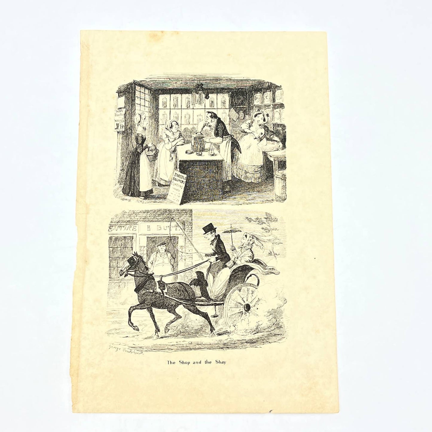 1880 Engraving The Shop and the Shay George Cruickshank Horse & Carriage 5x7 AB8