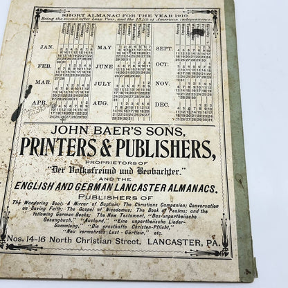 John Baer’s Sons Agricultural Almanac for the Year 1910 Lancaster PA TF8