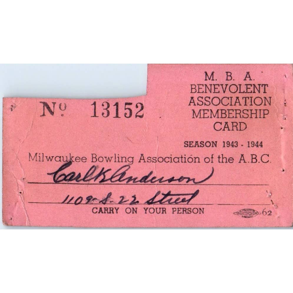 1943 Milwaukee Bowling Association Membership Card Carl W. K. Anderson SE5-2