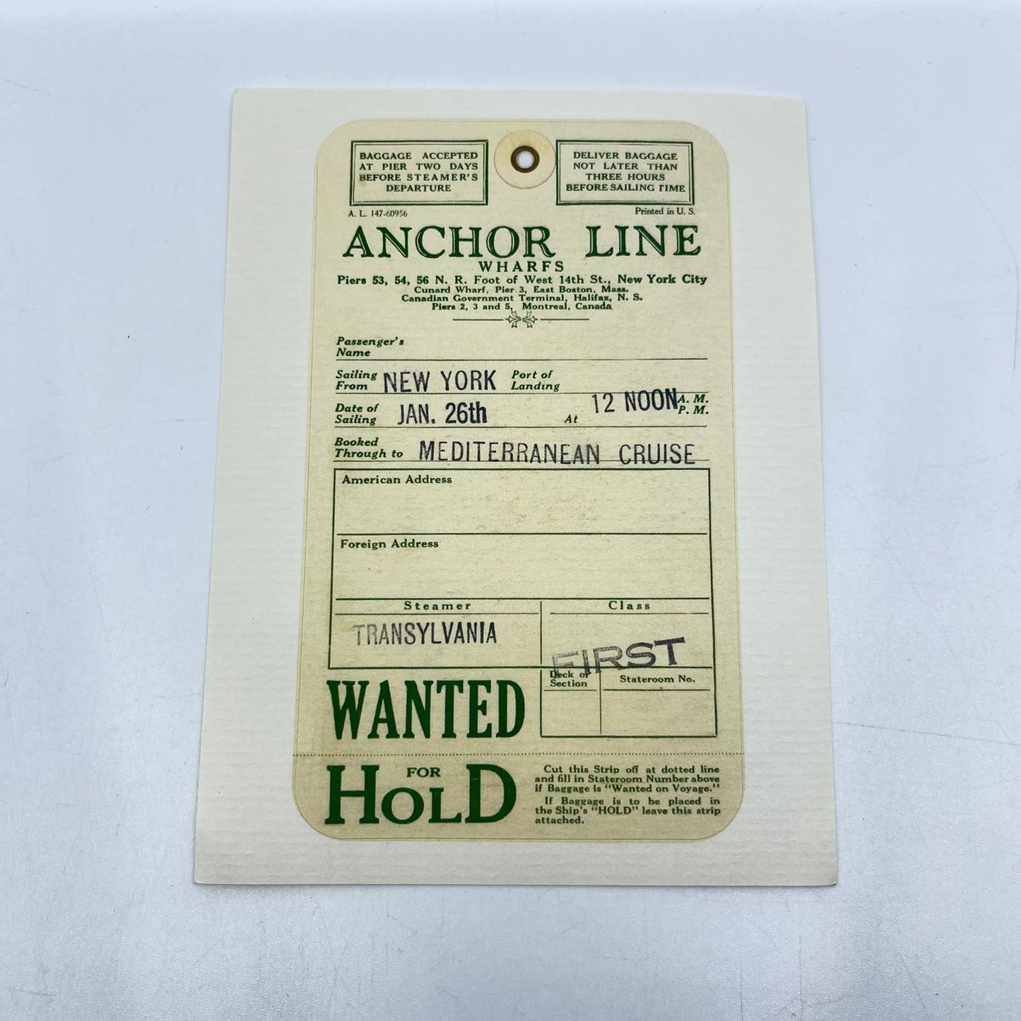 Vintage Anchor Line Wharfs NY Cunard Transylvania Luggage Tag Mediterranean SC9
