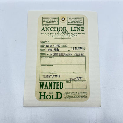Vintage Anchor Line Wharfs NY Cunard Transylvania Luggage Tag Mediterranean SC9