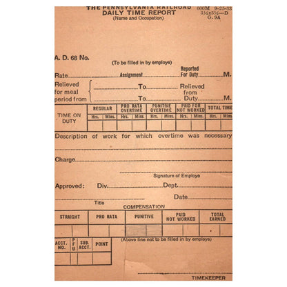 1933 The Pennsylvania Railroad Daily Time Report Blank Form AD8