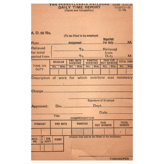 1933 The Pennsylvania Railroad Daily Time Report Blank Form AD8