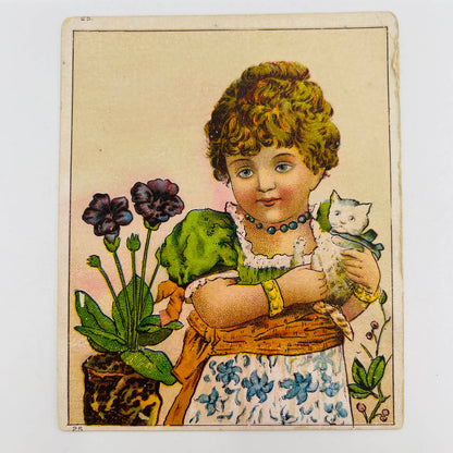 1880s Victorian Trade Card A.H. Davis Clothing Young Girl w/ Kitty Cat AA2