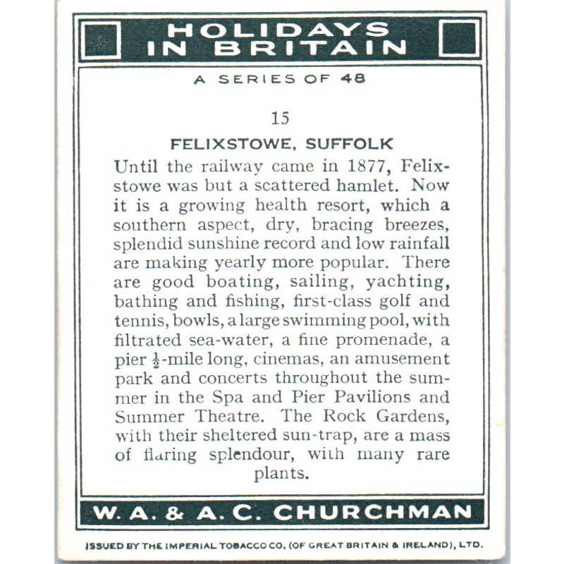 1938 Churchman's Cigarette Card Holidays In Britain 15 Felixstowe Suffolk SE5