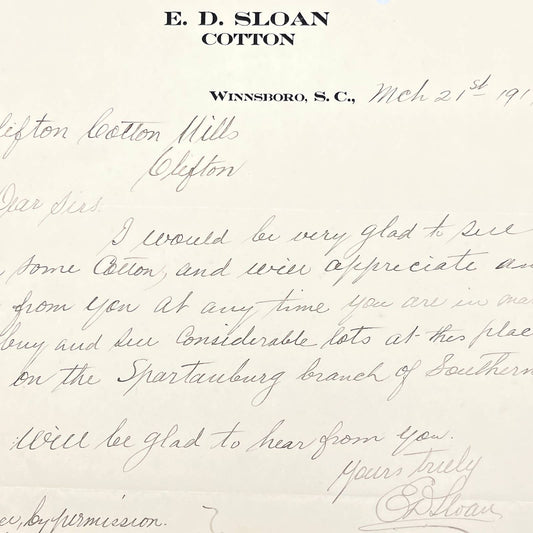 1919 E.D. Sloan Cotton Letterhead Winnsboro SC AB9