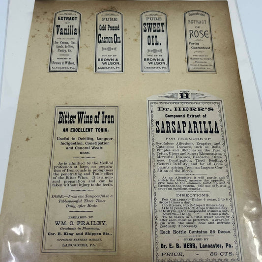 1880s Bottle Labels Lancaster PA Pharmacy Quack Medicine Lot of 6 AA6-4