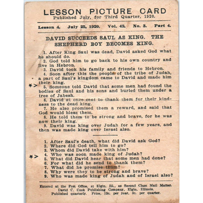 1920 Christian Lesson Picture Card David Succeeds Saul as King SE5
