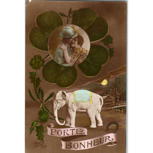 WII French Porte Bonheur Luck 4 Leaf Clover Elephant - Original Postcard TJ9-P1