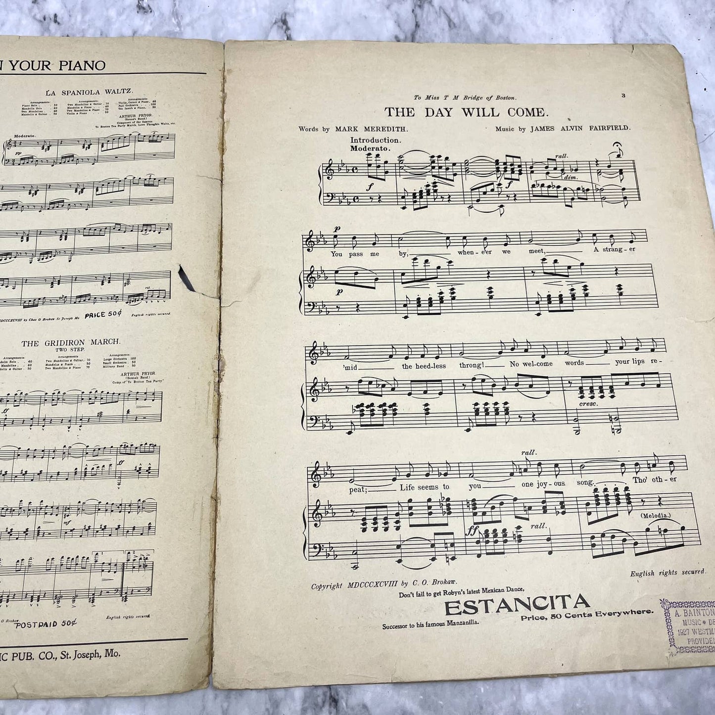 The Day Will Come Jas. A. Fairfield NY Clipper 1898 Sheet Music TK2-SM