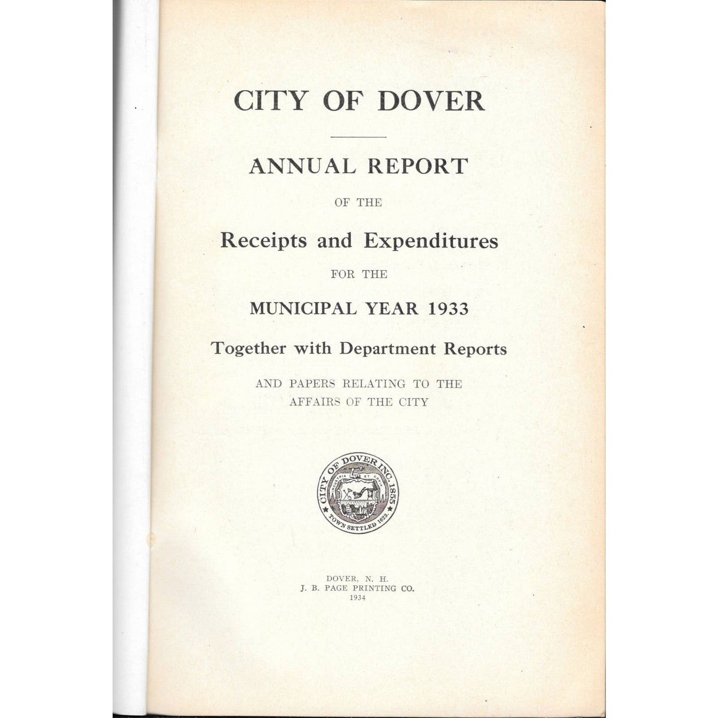 City of Dover New Hampshire Annual Report 1933 Softcover Book TJ7