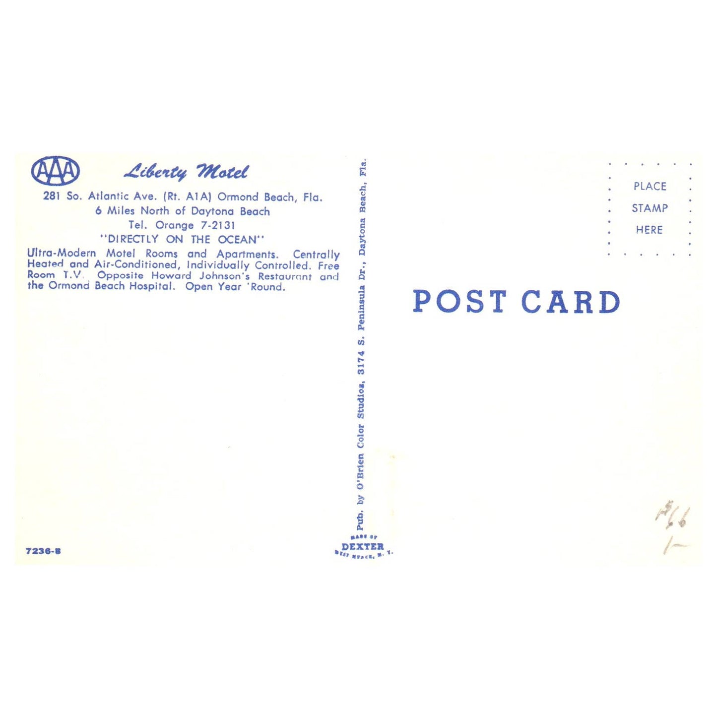 Liberty Motel So. Atlantic Ave Ormond Beach Florida - Postcard TJ8-1