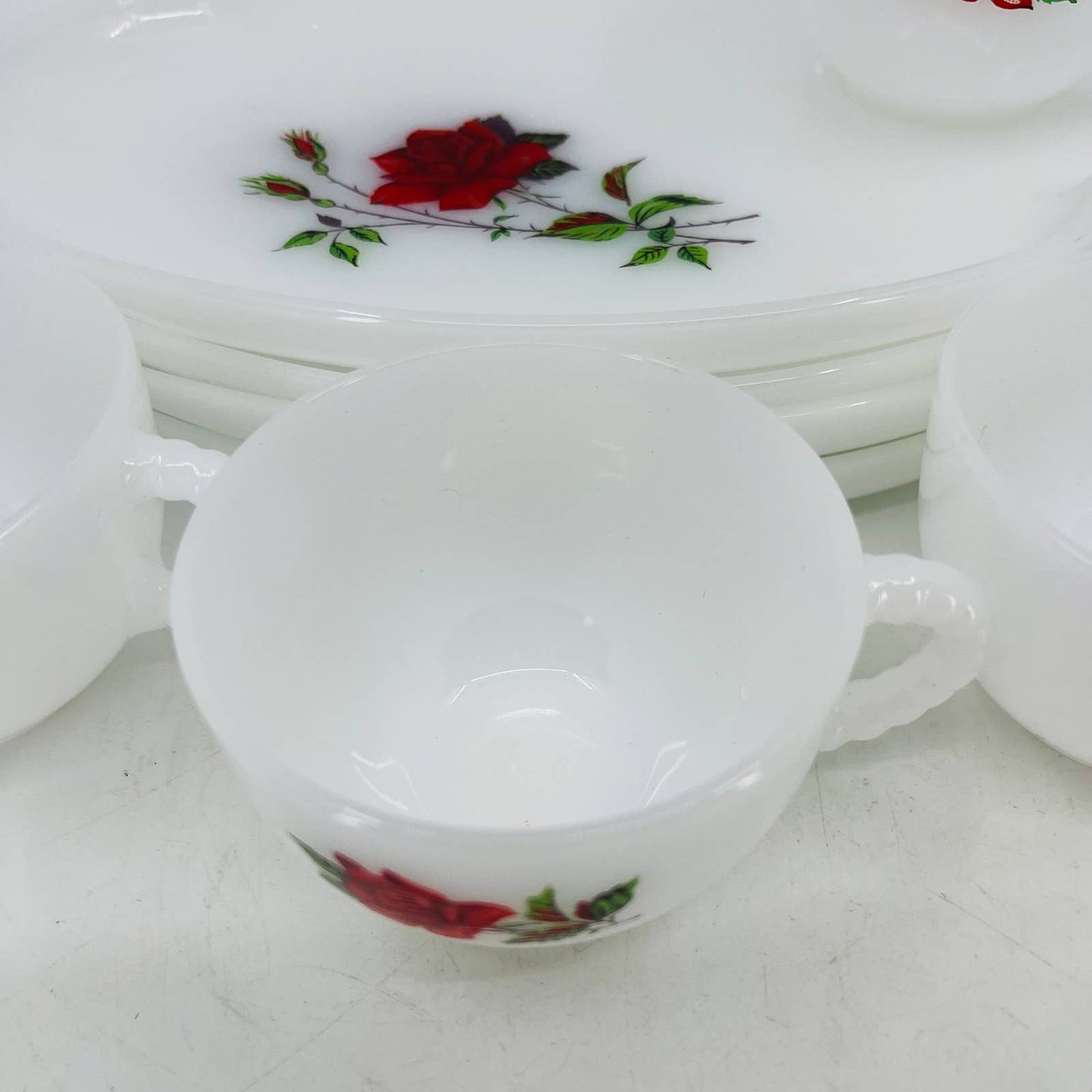 Vintage MCM Atomic 8 Piece Federal Milk Glass Rosecrest Snack Set Roses TC4