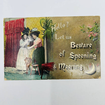 1910 Victorian Ladies Beware of SPOONING and MOONING Telephone Postcard P2