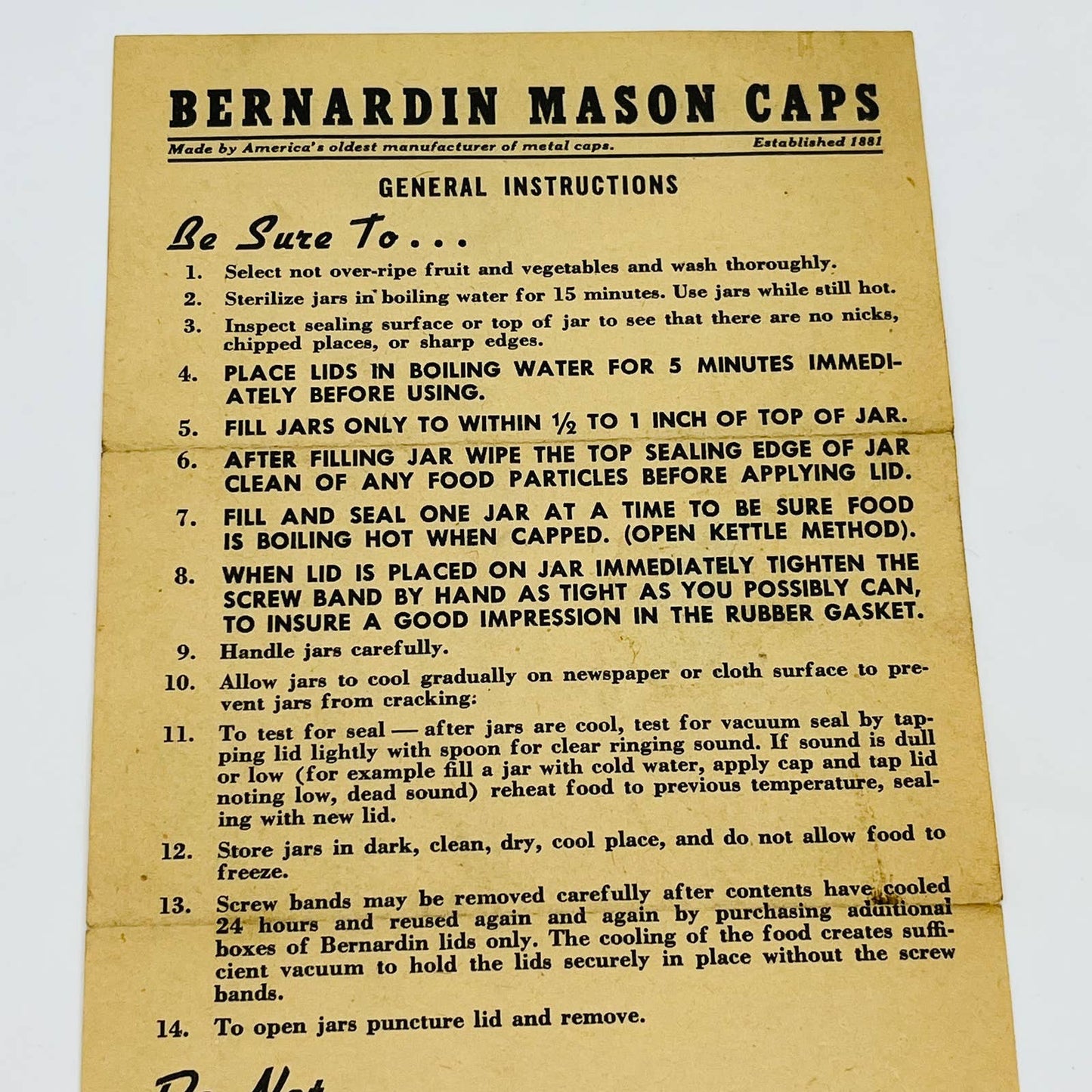 1940s Bernardin Mason Caps Canning Instructions Leaflet Fold Out D3