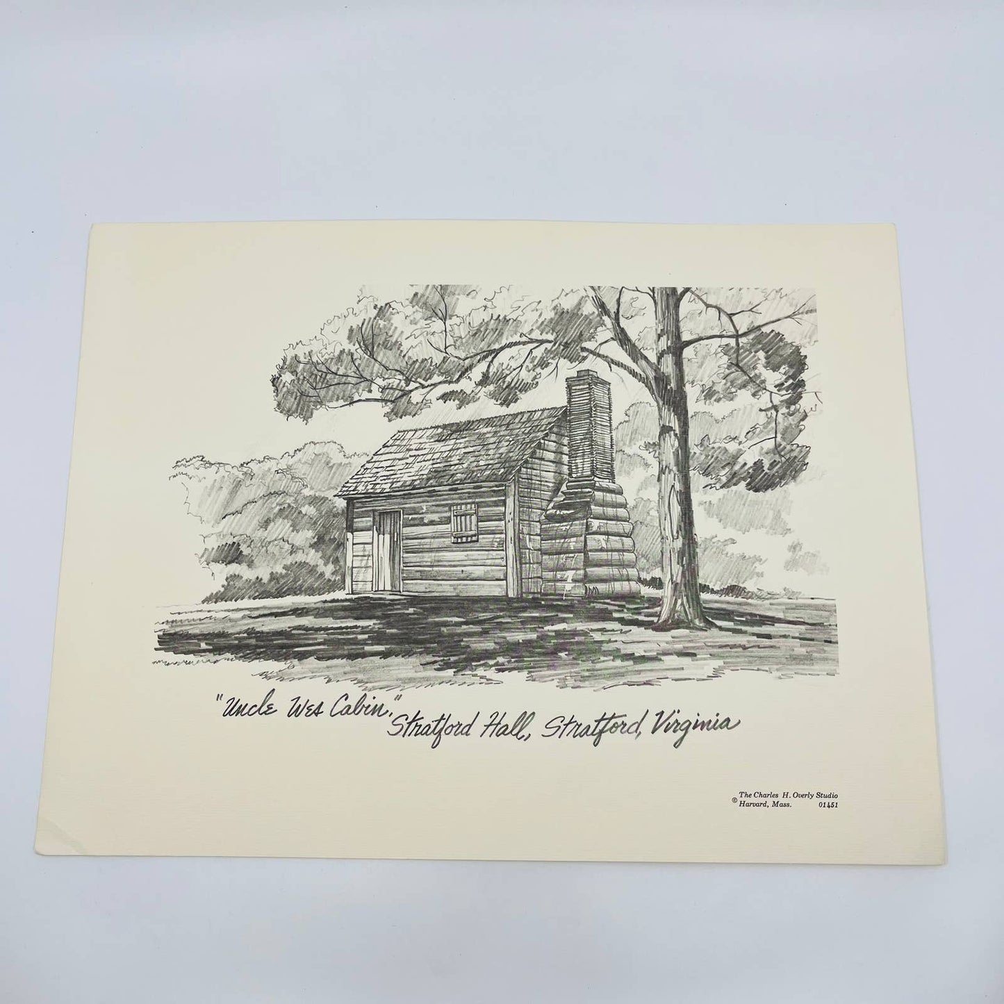 Vintage Uncle Wes Cabin Stratford Hall Virginia Sketch Print 11 x 14.5” FL1