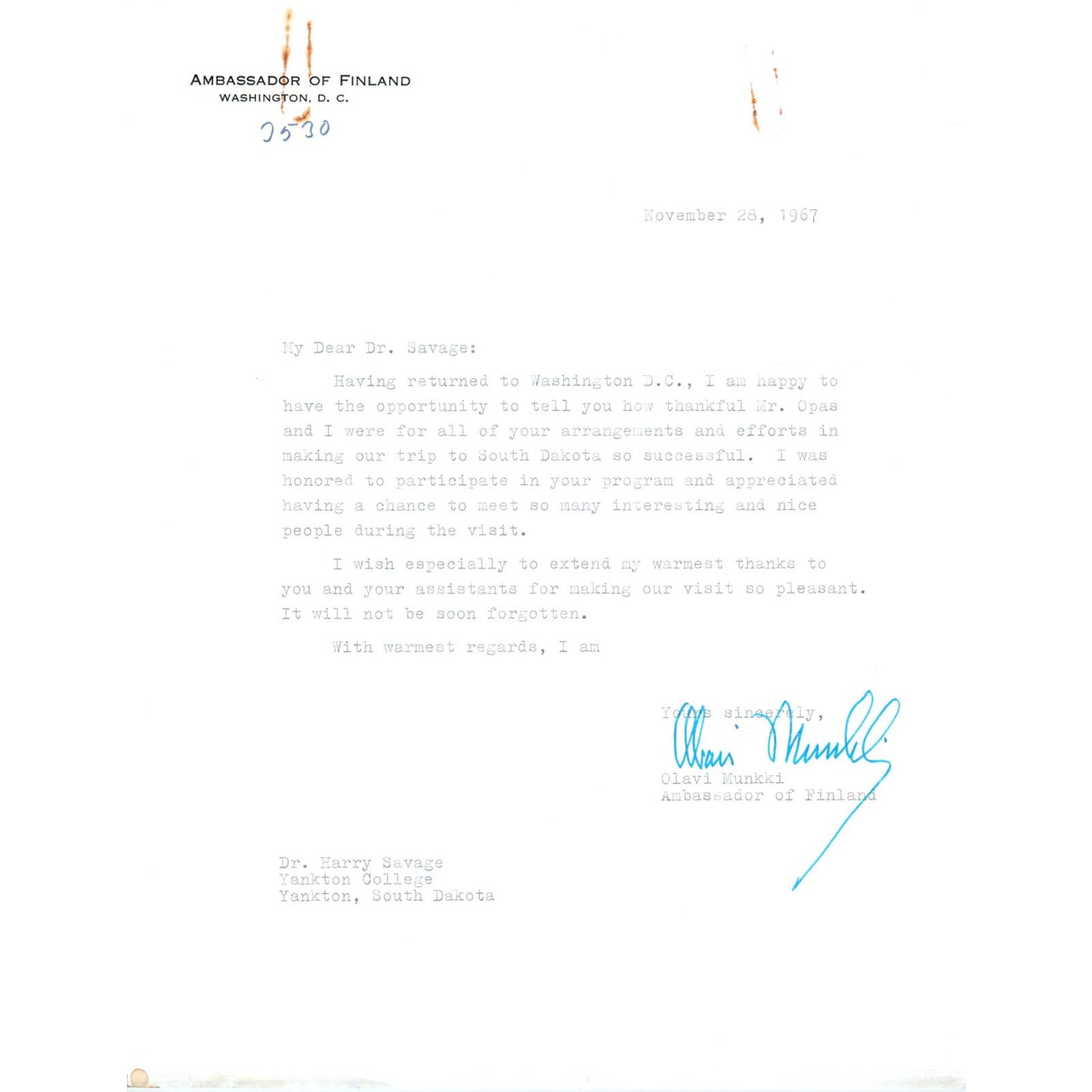 Finland Embassy Official Letterhead Memo Olavi Munkki Nov 28 1967 TK1-P11