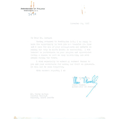Finland Embassy Official Letterhead Memo Olavi Munkki Nov 28 1967 B15