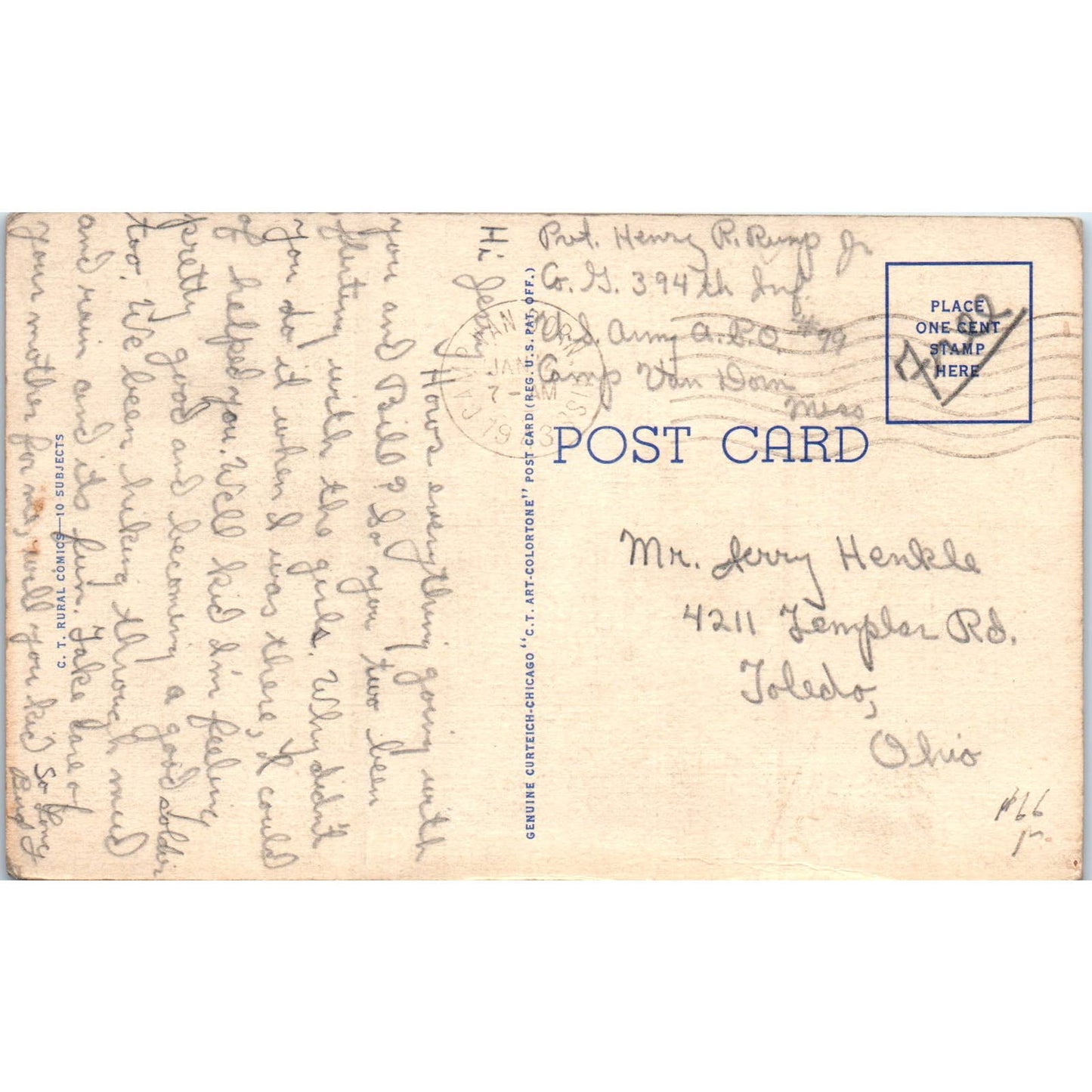 Cheating Rooster Comic Humor Camp Van Dorn Mississippi Original Postcard TK1-P13