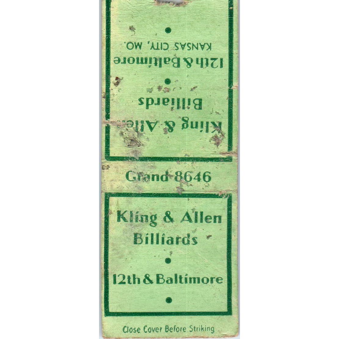 King and Allen Billiards Kansas City MO Advertising Matchbook Cover SA9-M6