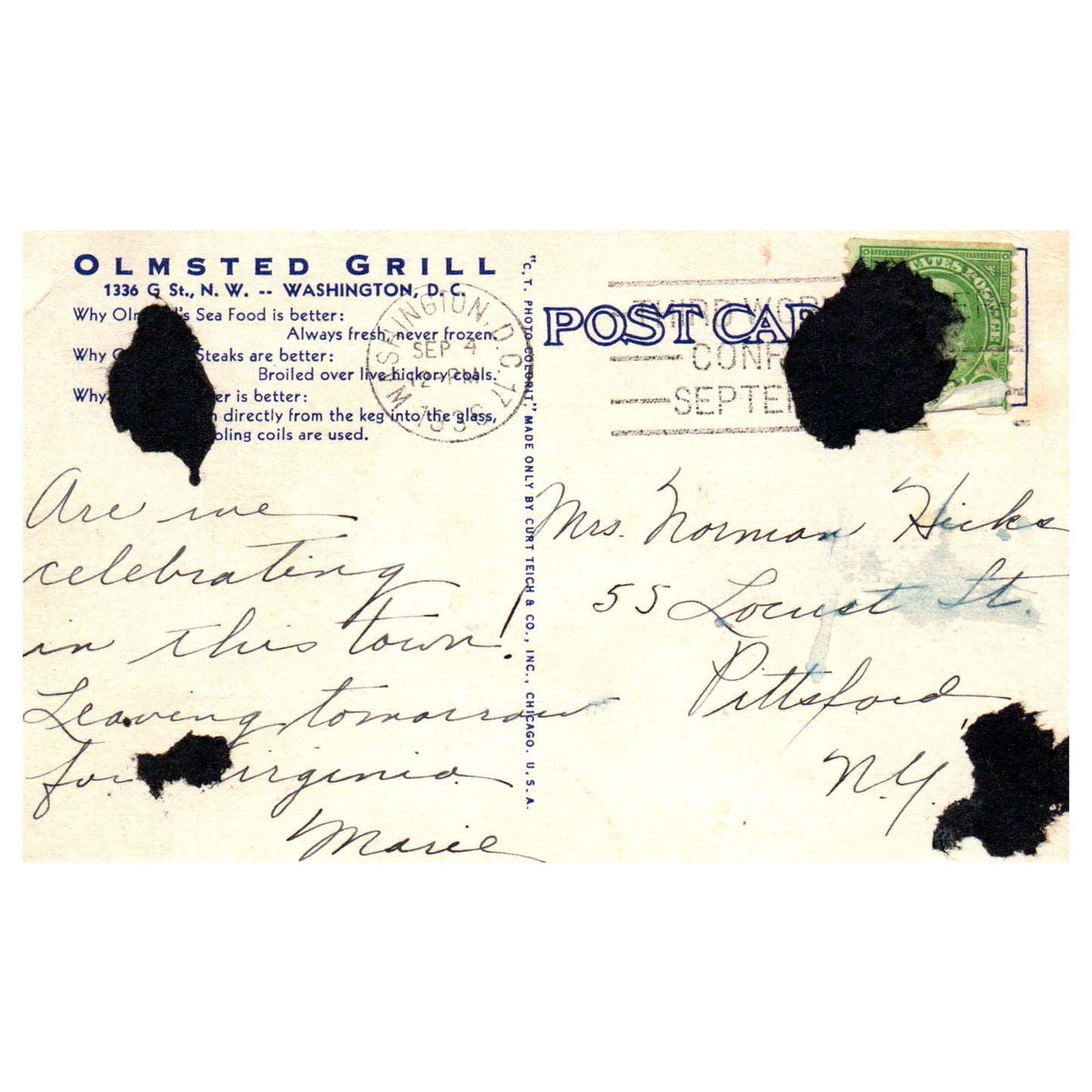 Olmstead Grill Washington DC 1936 - Postcard TJ8-1