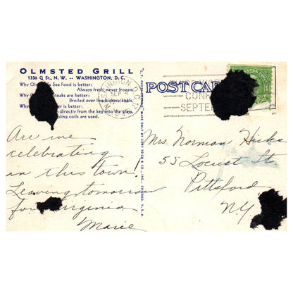 Olmstead Grill Washington DC 1936 - Postcard TJ8-1