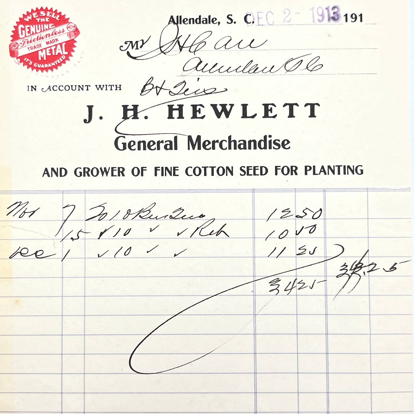 1913 J.H. Hewlett Letterhead General Merchandise Cotton Seed Allendale SC AB9-1