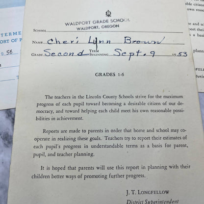 1952-58 Report Card Lot Cheri Lynn Brown Salem Waldport Lincoln County OR EA4