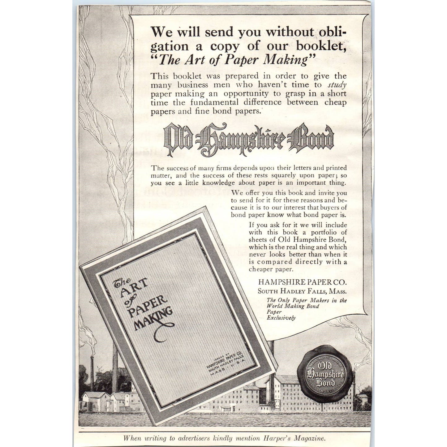 c1920 Harper's Magazine Ad - The Art of Papermaking Old Hampshire Bond TD8-H1