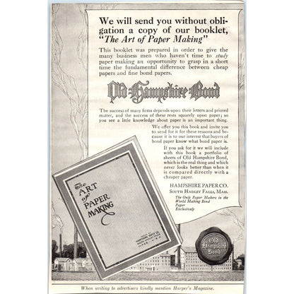 c1920 Harper's Magazine Ad - The Art of Papermaking Old Hampshire Bond TD8-H1
