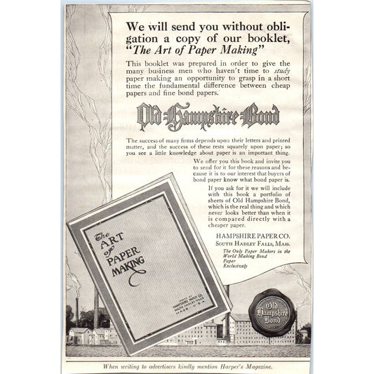 c1920 Harper's Magazine Ad - The Art of Papermaking Old Hampshire Bond TD8-H1