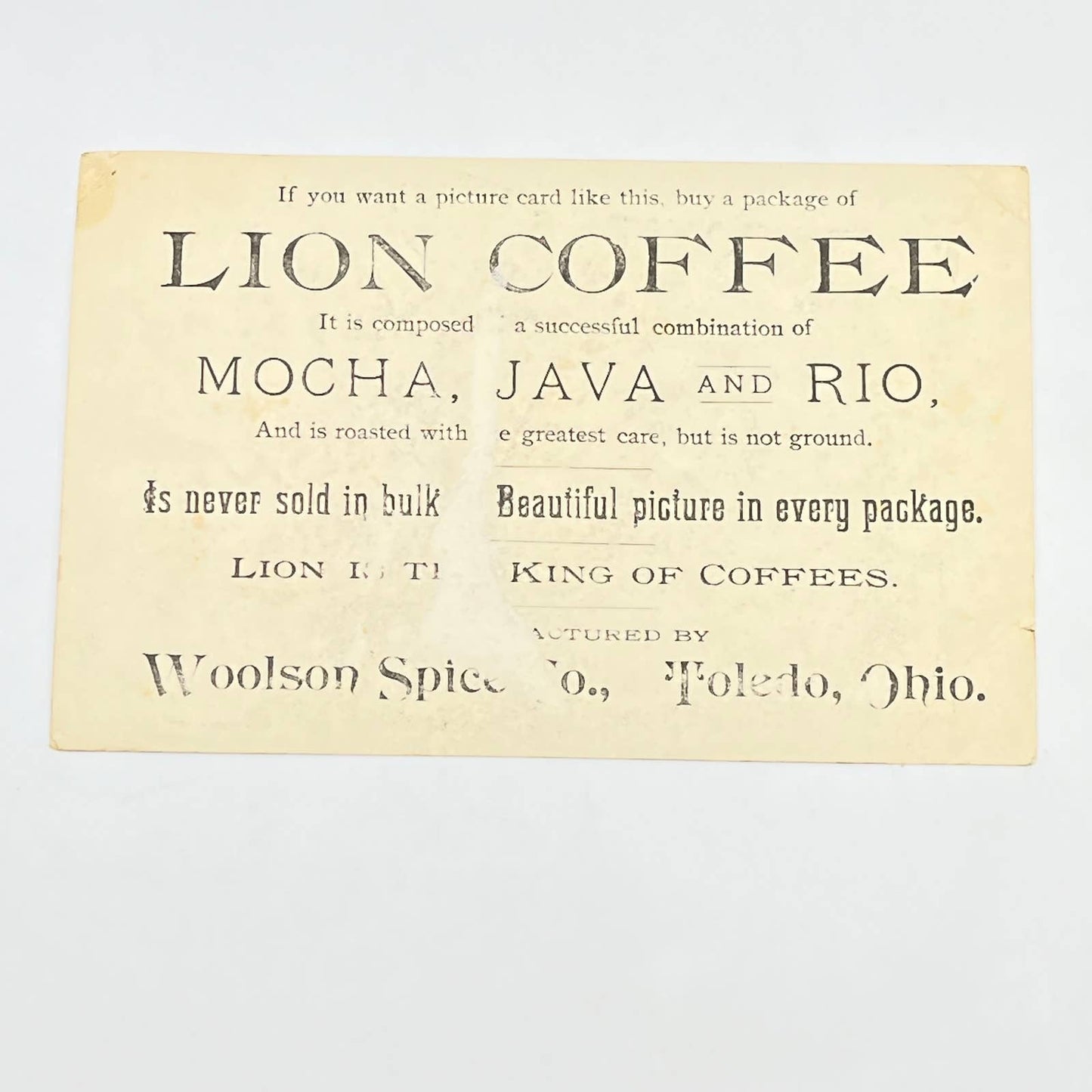 Original 1880s Victorian Trade Card Lion Coffee Toledo OH Rose Hunting Scene AB6