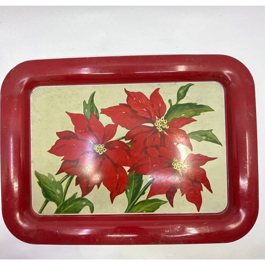 Vintage MCM Poinsettia Toleware Tin Litho Tray 17.5 x 13” TI2